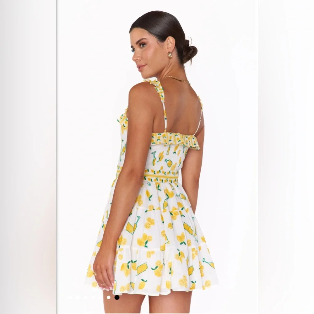 Show me your MUMU Jolene mini dress limoncello embroidery ruffled size M - Picture 2 of 11